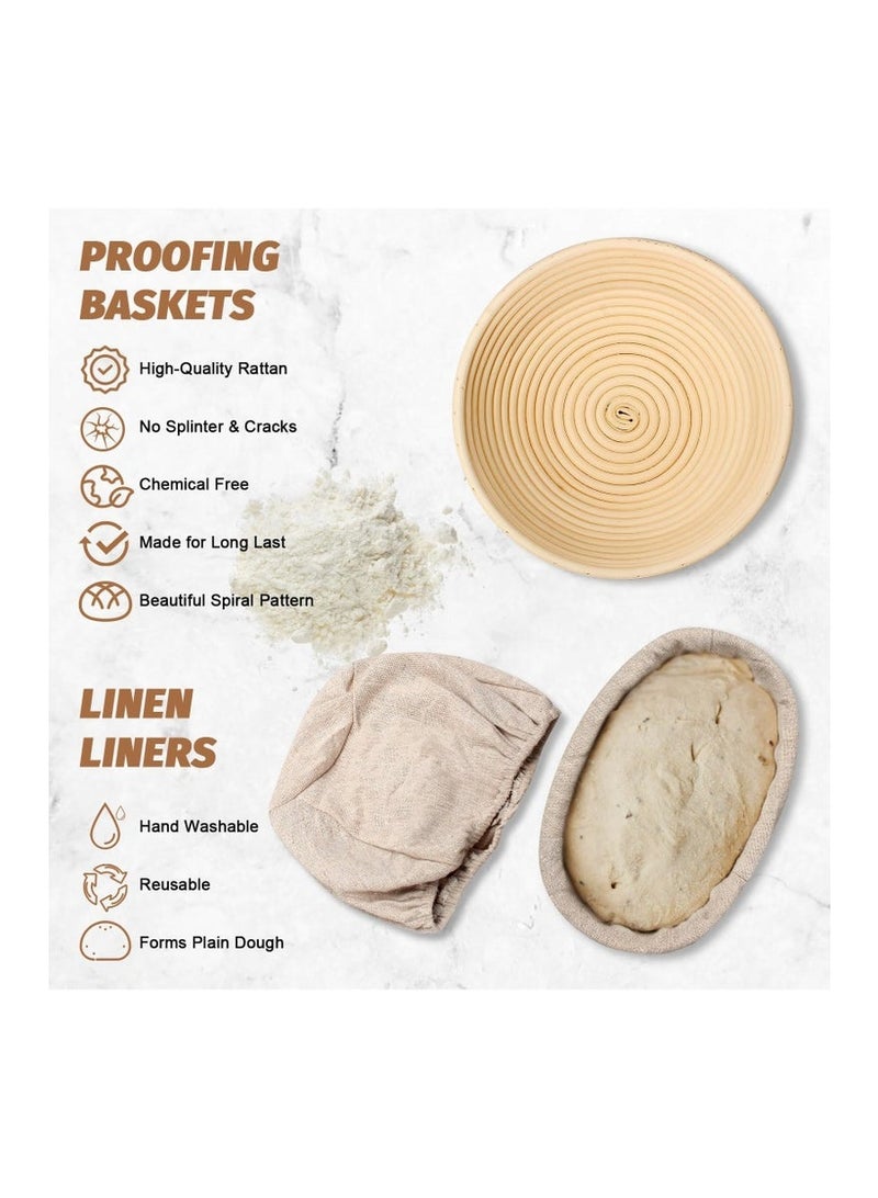 كيلا مجموعة سلة تخمير الخبز، سلة تخمير لخبز الخبز، لوازم خبز خبز العجين المخمر مع سلتين تخمير للخبز، مع عود خبز، ومضرب دانماركي، ومكشطة وعاء، ومكشطة عجين مخمر، وبطانات كتان للخبازين المحترفين والمنزليين - Image 3