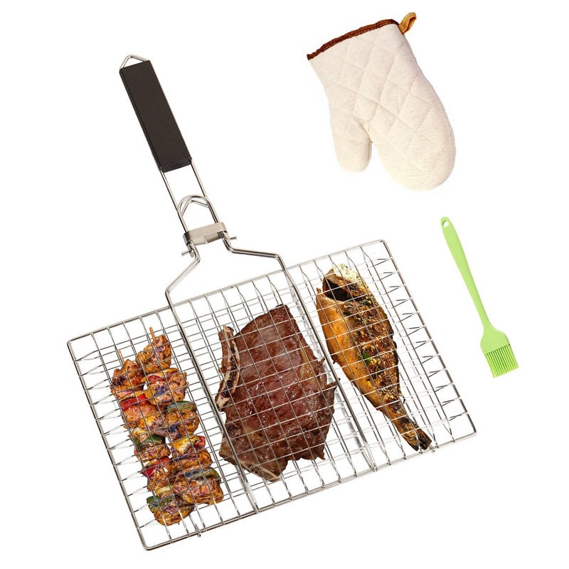 Kowiofame Fish Grill Basket BBQ Grilling Rack Kabob Veggies Shrimp Stainless Steel Cage Holder with Cleaning and Oil Brushes Oven Gloves - Image 2