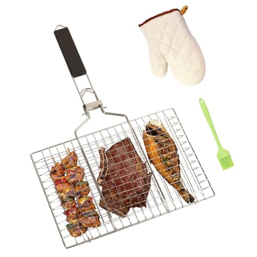 Kowiofame Fish Grill Basket BBQ Grilling Rack Kabob Veggies Shrimp Stainless Steel Cage Holder with Cleaning and Oil Brushes Oven Gloves - Image 1