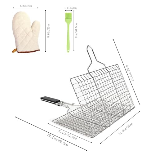 Kowiofame Fish Grill Basket BBQ Grilling Rack Kabob Veggies Shrimp Stainless Steel Cage Holder with Cleaning and Oil Brushes Oven Gloves - Image 3
