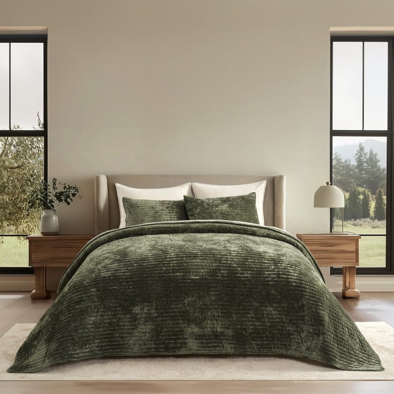 EVERGRACE Velvet Quilt Set King Size, Luxurious Soft Striped Channel Bedding Set, Lightweight Velvet Comforter for All Season, Oversized Bedspread Coverlet with 2 Matching Shams, Olive Green - Image 1