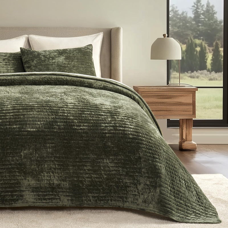 EVERGRACE Velvet Quilt Set King Size, Luxurious Soft Striped Channel Bedding Set, Lightweight Velvet Comforter for All Season, Oversized Bedspread Coverlet with 2 Matching Shams, Olive Green - Image 2