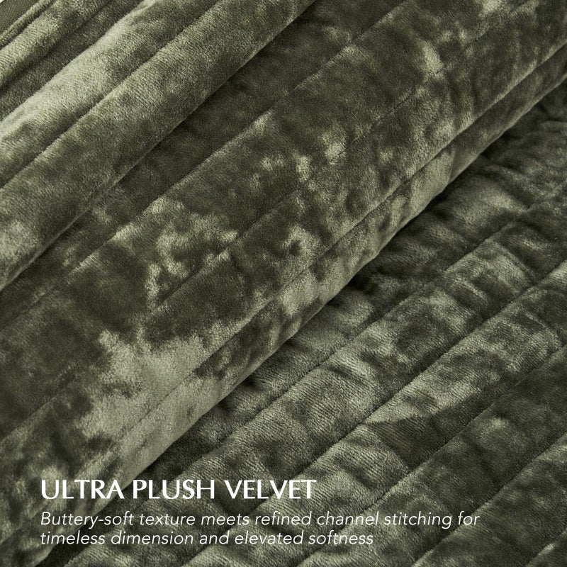 EVERGRACE Velvet Quilt Set King Size, Luxurious Soft Striped Channel Bedding Set, Lightweight Velvet Comforter for All Season, Oversized Bedspread Coverlet with 2 Matching Shams, Olive Green - Image 4