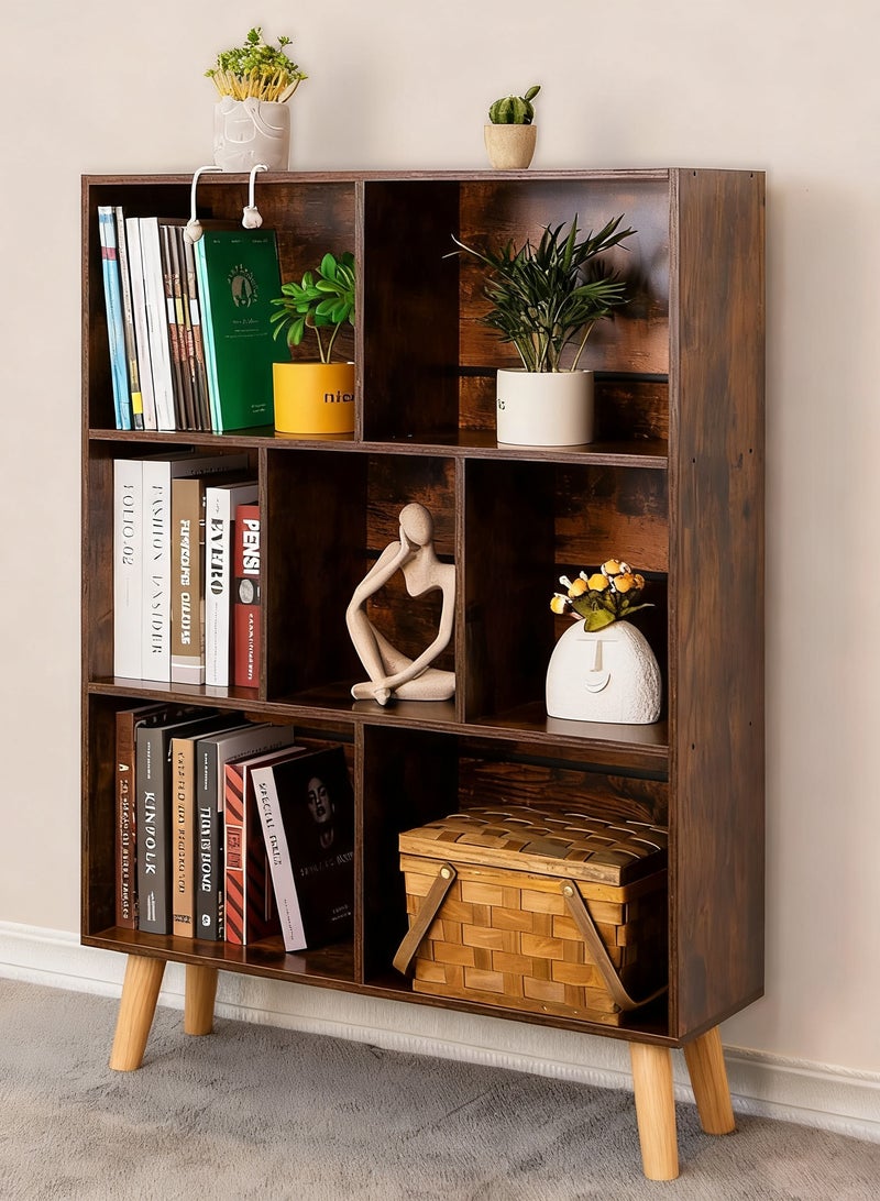 تشولوفز خزانة كتب مكعبة بثلاث طبقات، بتصميم عصري بني ريفي، بأرجل، ورفوف كتب خشبية عتيقة مفتوحة، ورف تخزين منظم، مناسبة لغرف النوم، والمعيشة، والمكتب. - Image 1