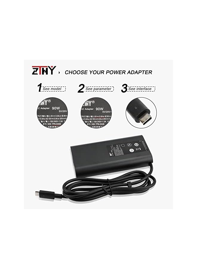 ZTHY 90W Usb-C Type-C Ac Adapter Laptop Charger Compatible With Hp Spectre X360 13 14 15 15-Bl000 15T-Bl000 15-Bl1Xx 15-Ch000 15-Ch0Xx Elitebook 1040 G4 Pavilion Chromebook Envy X360 Tpn-Da08 - Image 3
