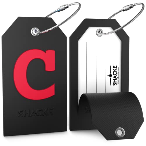 Shacke Large Luggage Tag Initial with Full Privacy Cover and Stainless Steel Loop - Black (Letter C) - Image 2