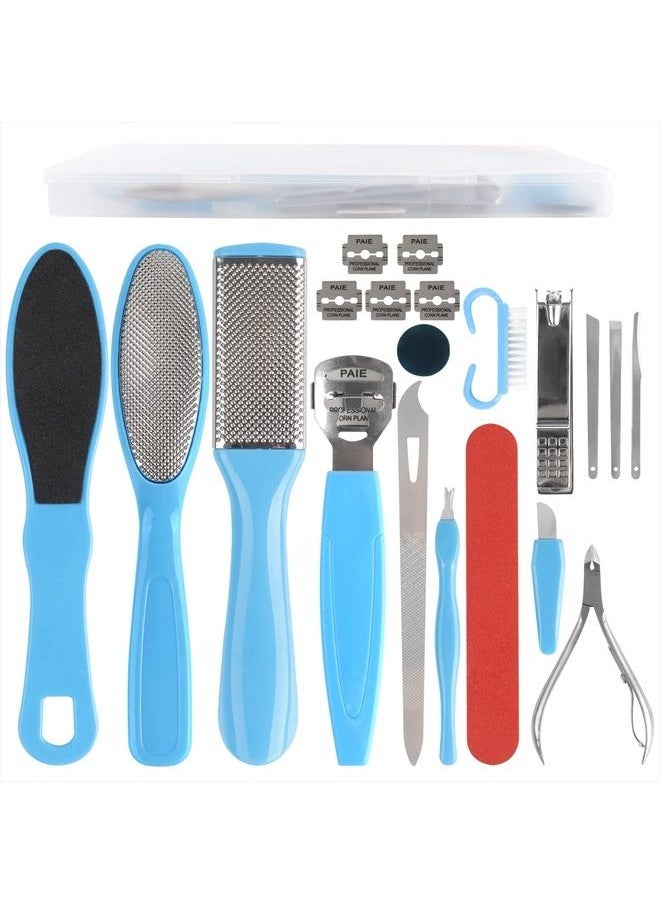 Happy Will - Professional Manicure and Pedicure Care Kit, 20 in 1 Stainless Steel Pedicure Foot Supplies Set, Foot Files Callus Dead Skin Remover, Pedicure Foot Spa Tools at Home or Salon for Women & Men(Blue) - Image 1