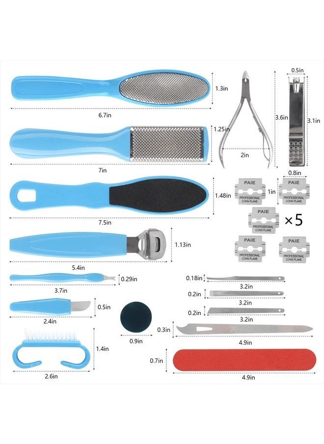 Happy Will - Professional Manicure and Pedicure Care Kit, 20 in 1 Stainless Steel Pedicure Foot Supplies Set, Foot Files Callus Dead Skin Remover, Pedicure Foot Spa Tools at Home or Salon for Women & Men(Blue) - Image 1