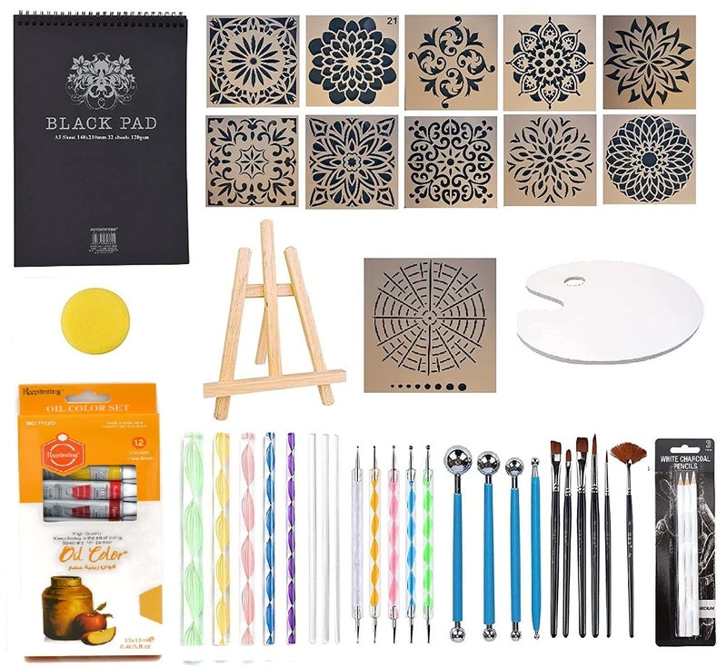 ArtBee Mandala Dotting Tools Painting Kit - Rock Dot Paint Stencils Tool Set with Palette Easel Canvas Painting Brush Pencil for Nail Stone Mandala Arts Drawing Home Décor Activity - Image 1