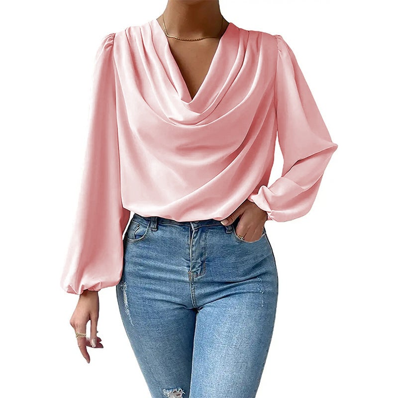 2024 Elegant Chiffon Lantern Sleeve Blouse for Women Pink - Image 1