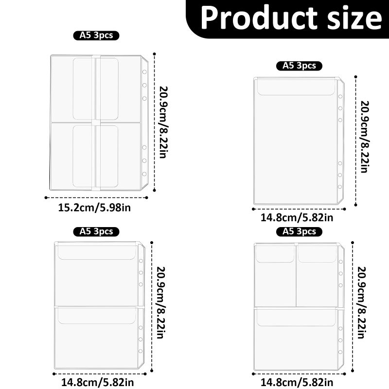 salbsever A5 Binder Pockets, 12Pcs A5 Size 6 Holes Binder Inserts, Waterproof Inserts Sleeves Premium Clear Binder Zipper Folders Document Filing Bags for 6-Ring Notebook Binder Loose Leaf Bags, Clear - Image 2