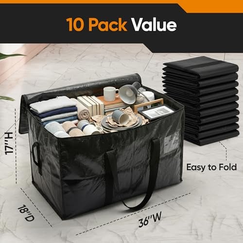 HOLDN’ STORAGE 10 Pack Extra Large Moving Bags, 45 Gallon Heavy-Duty Storage Totes with Dual Zippers, Water-Resistant Reusable Bags for Clothes, Bedding, Books, 66 lb Capacity - Image 3