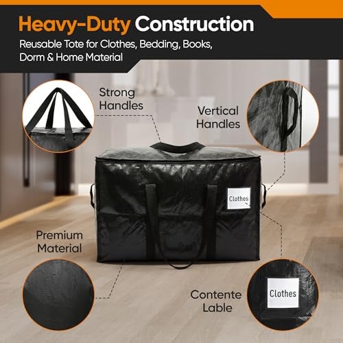 HOLDN’ STORAGE 10 Pack Extra Large Moving Bags, 45 Gallon Heavy-Duty Storage Totes with Dual Zippers, Water-Resistant Reusable Bags for Clothes, Bedding, Books, 66 lb Capacity - Image 4
