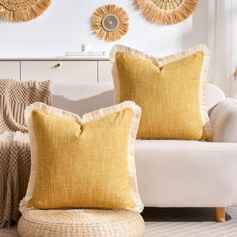 KWLET Boho Pillow Cover 20x20 Inch Decorative Square Throw Pillow Cover Neutral Pillowcase for Couch Bedroom Living Room, Mustard Yellow - Image 2