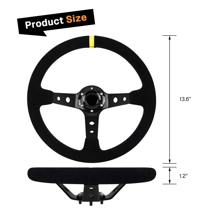 VOONKE 13.6" Universal Suede Steering Wheel Deep Dish Racing Steering Wheel 6 Bolts with Horn Button for Race/Rally/Motorsport/Car Sim Driving,Yellow Positioning Line - Image 2