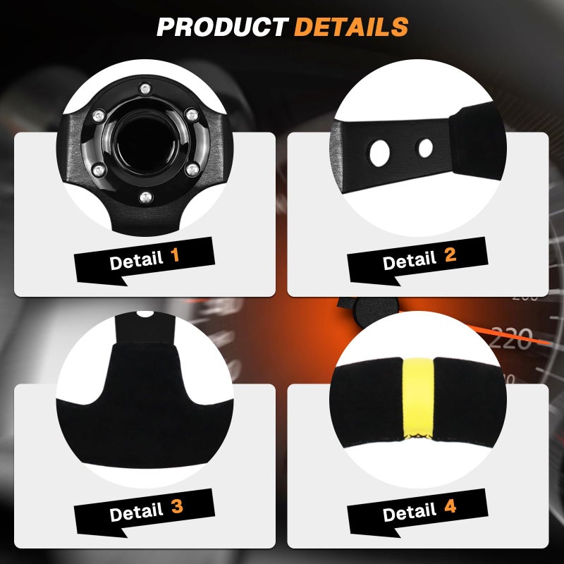 VOONKE 13.6" Universal Suede Steering Wheel Deep Dish Racing Steering Wheel 6 Bolts with Horn Button for Race/Rally/Motorsport/Car Sim Driving,Yellow Positioning Line - Image 3