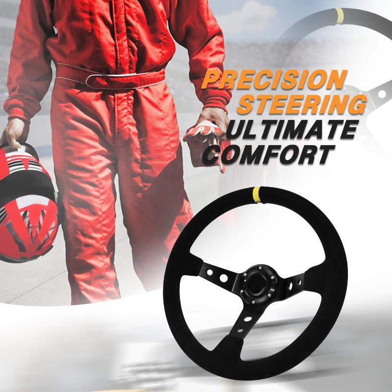 VOONKE 13.6" Universal Suede Steering Wheel Deep Dish Racing Steering Wheel 6 Bolts with Horn Button for Race/Rally/Motorsport/Car Sim Driving,Yellow Positioning Line - Image 4