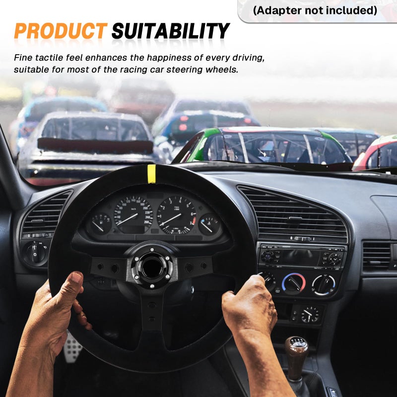 VOONKE 13.6" Universal Suede Steering Wheel Deep Dish Racing Steering Wheel 6 Bolts with Horn Button for Race/Rally/Motorsport/Car Sim Driving,Yellow Positioning Line - Image 5