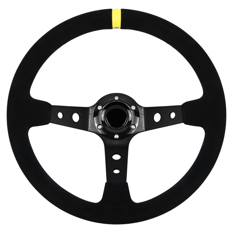 VOONKE 13.6" Universal Suede Steering Wheel Deep Dish Racing Steering Wheel 6 Bolts with Horn Button for Race/Rally/Motorsport/Car Sim Driving,Yellow Positioning Line - Image 1