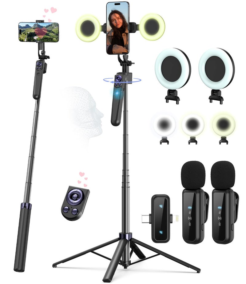Yeaki Vlogging Kit for iPhoneAndroid 63Auto Face Tracking Tripod for iPhone with Light Wireless Microphones Scrolling Remote Control for TikTok Content Creator Kit for YouTube Starter - Image 2