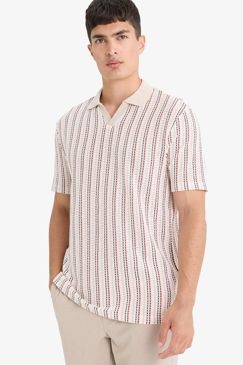 DeFacto Beige Man Regular Fit Short Sleeve Striped Polo T-Shirt Casual - Image 1