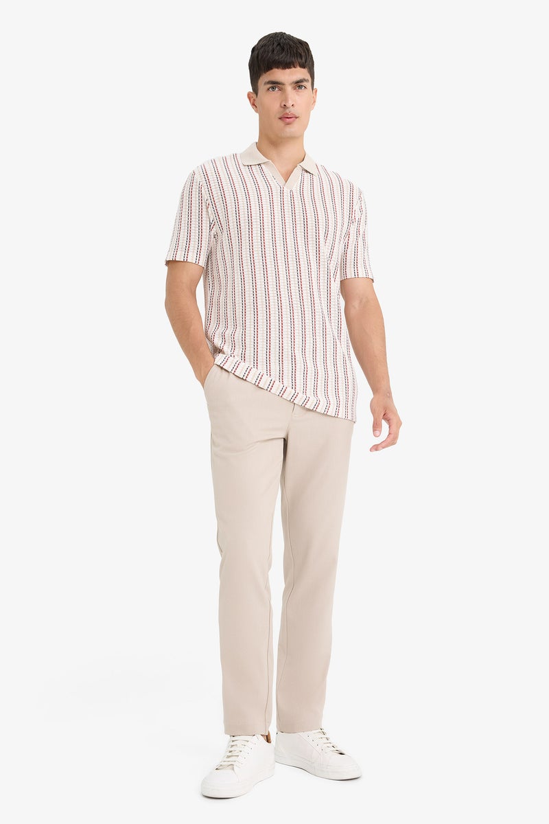 DeFacto Beige Man Regular Fit Short Sleeve Striped Polo T-Shirt Casual - Image 2