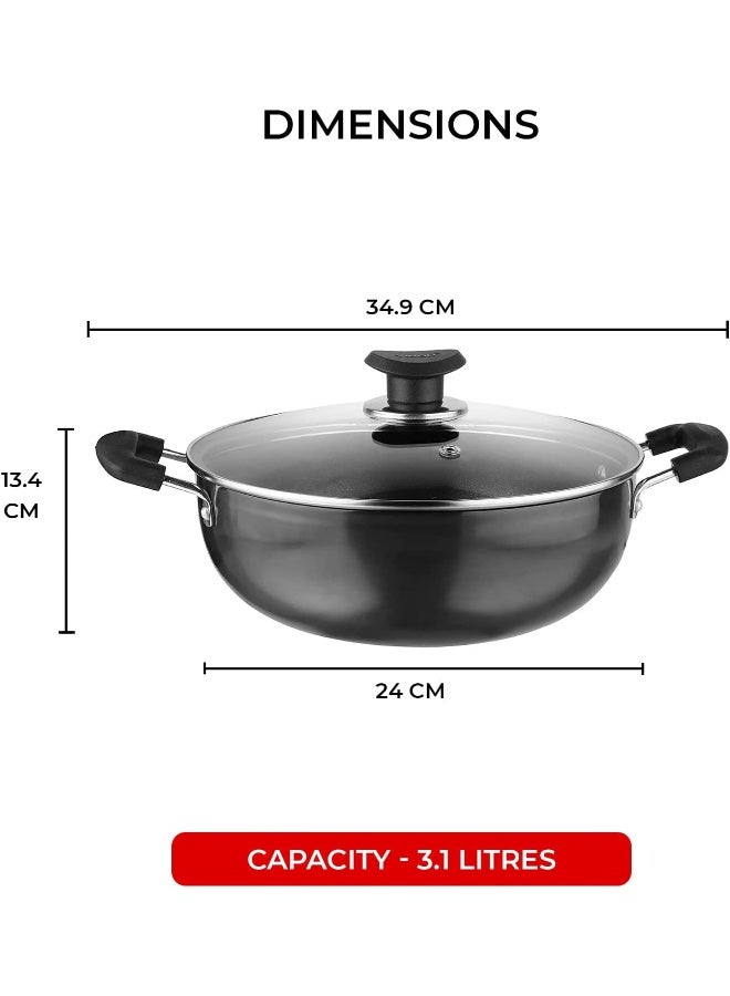 Vinod Hard Anodized Deep Kadai with Glass Lid- 24 cm, 3.1 Ltr Non - Induction - Image 2