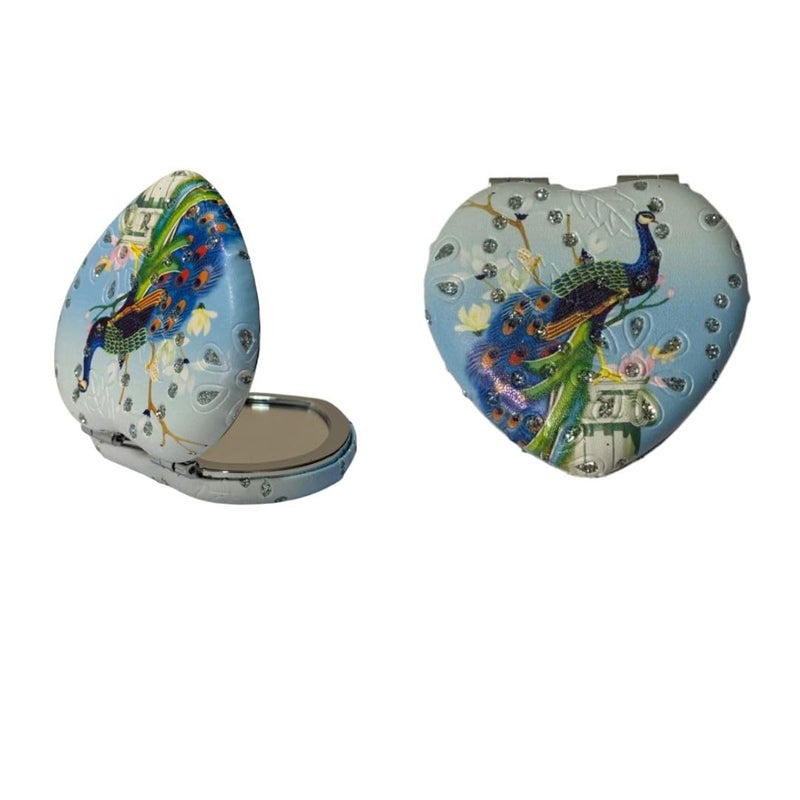 Portable Cute Compact Heart Design Metal and Glass Mirror with Stones 2x1 Magnification for Makeup and Bags for Women  - Image 1