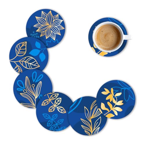Brizberry® Premium Round Black Blue Leaf Beautiful Wooden Coasters, Best Gift, for Tea Cups, Coffee Mugs and Glasses 4 8 12 (3.5X3.5 Inch) (Design 16 (Set of 6)) - Image 1
