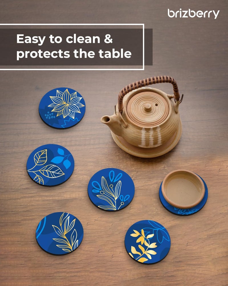 Brizberry® Premium Round Black Blue Leaf Beautiful Wooden Coasters, Best Gift, for Tea Cups, Coffee Mugs and Glasses 4 8 12 (3.5X3.5 Inch) (Design 16 (Set of 6)) - Image 4