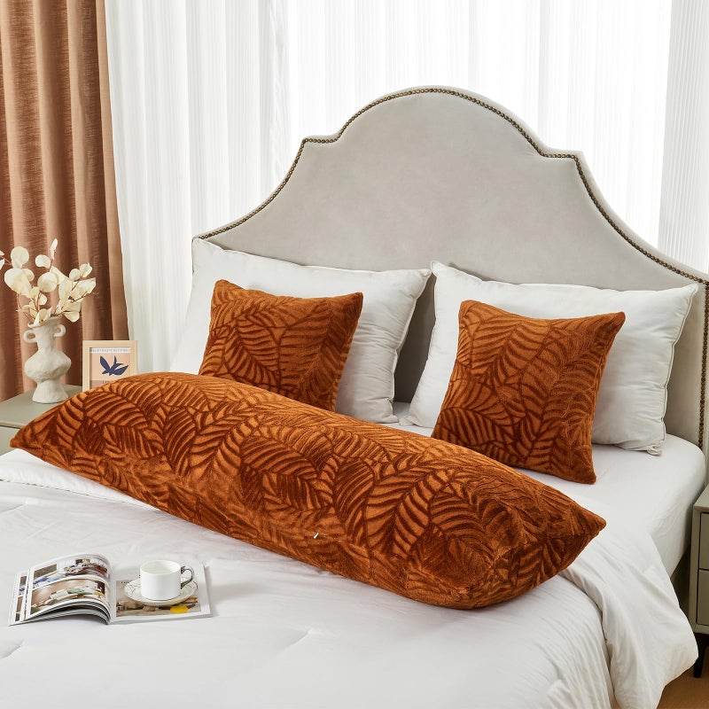 SOCHOW Fall Body Pillow Cover 21x54 Inches, Super Soft and Cozy Leaves Textured Fleece Long Body Pillowcase with Zipper Closure,1 Pack, Caramel - Image 2