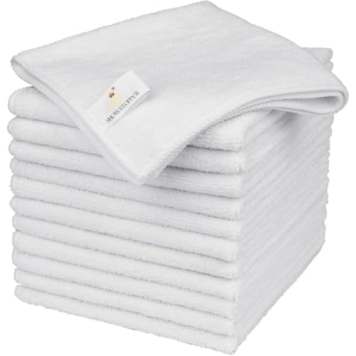 Showstopper Microfiber Cleaning Cloths for Kitchen & Home – White, Pack of 10, 30x30cm, 250 GSM, Ultra Soft, Streak-Free, Lint-Free, Washable Kitchen Towel, Dusting Cloth and Car Cleaning Cloths - Image 1