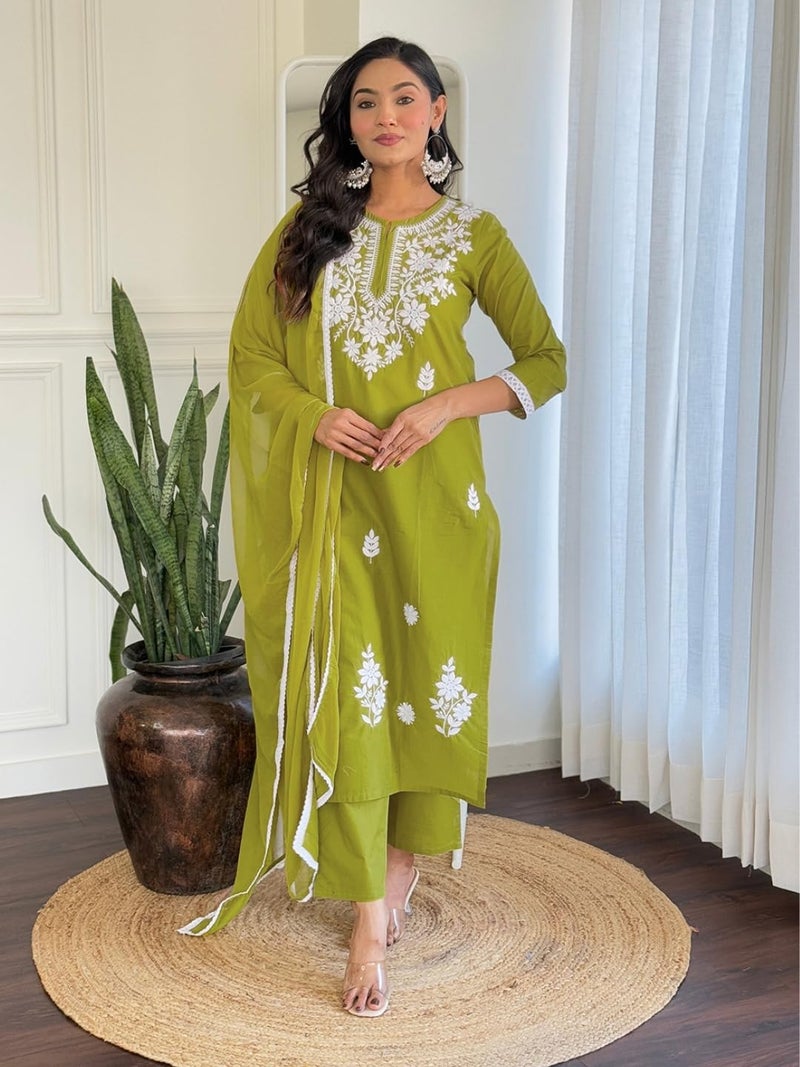 Naixa Women's Cotton Embroidered Straight Kurta with Pant and Dupatta Sets (NX-574-Liril-S) - Image 2