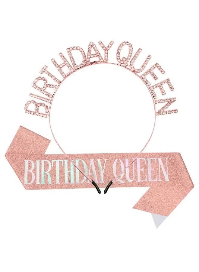Birthday Queen Sash & Rhinestone Headband Set, Birthday Crowns for Girl, Rose Gold Glitter Birthday Sash Birthday Headband Gifts for Women Birthday Party Supplies - Image 1