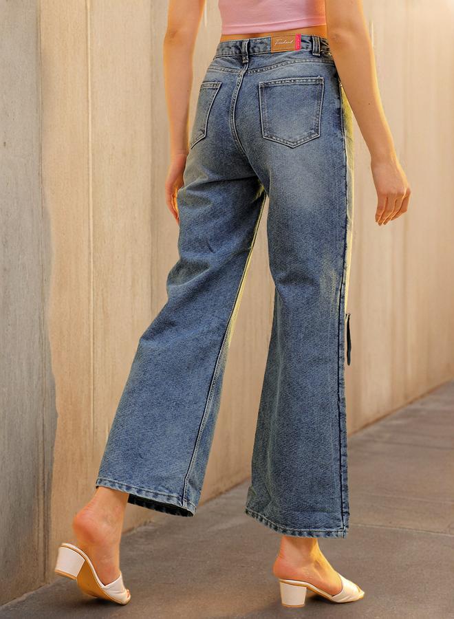 Freehand Blue Mid-Rise Ripped Flared Jeans - Image 4