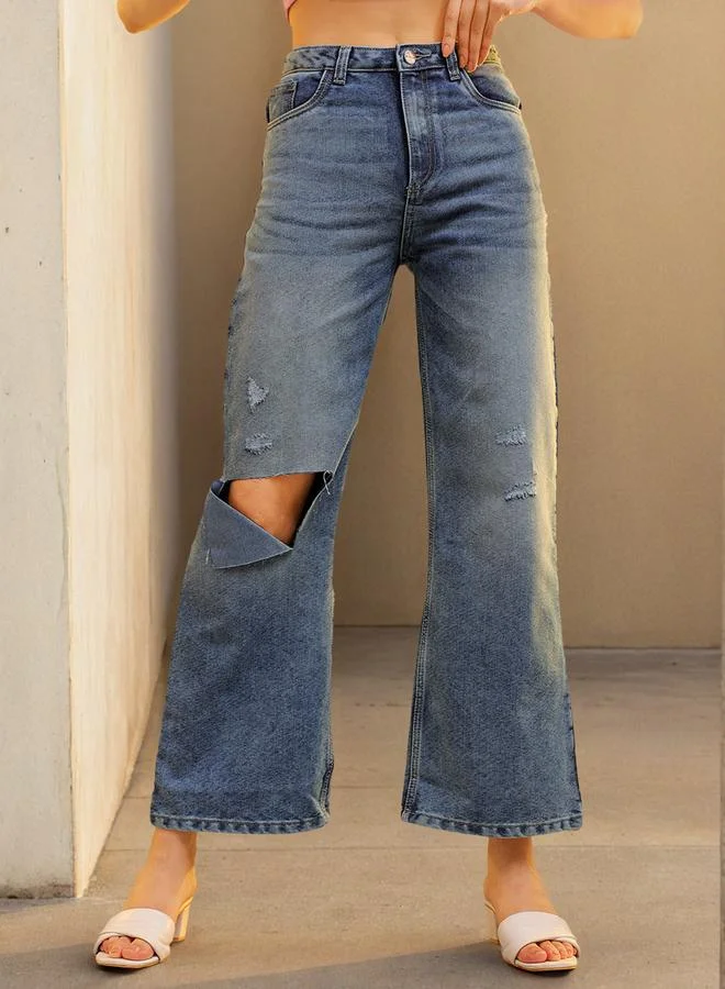 Freehand Blue Blue Mid-Rise Ripped Flared Jeans for Women | Best Price UAE