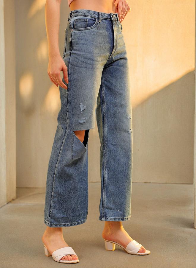 Freehand Blue Mid-Rise Ripped Flared Jeans - Image 1