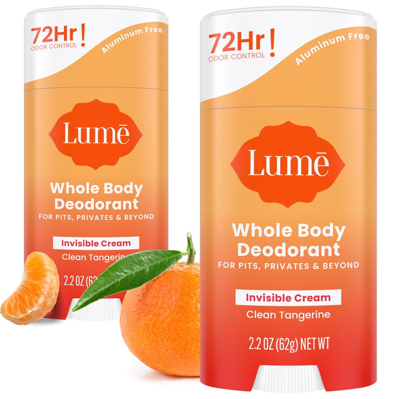 Lume Whole Body Deodorant  Invisible Cream Stick  72 Hour Odor Control  Aluminum Free Baking Soda Free Skin Safe  22 Ounce Pack of 2 Clean Tangerine