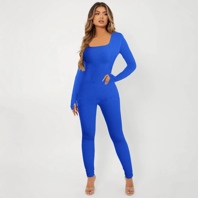 New Women'S Solid Color Long Sleeve Yoga Fitness Square Collar Hip Slim-Fit Jumpsuit - Image 4