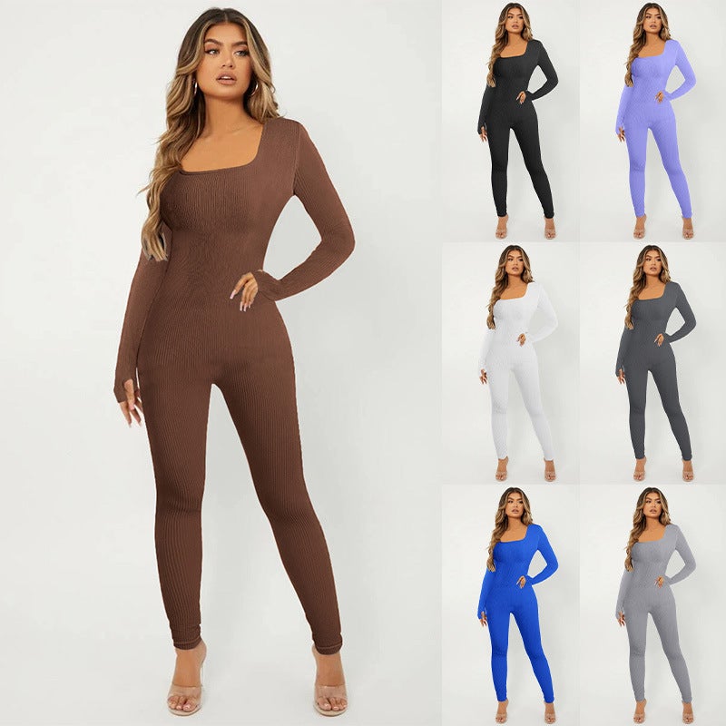 New Women'S Solid Color Long Sleeve Yoga Fitness Square Collar Hip Slim-Fit Jumpsuit - Image 2