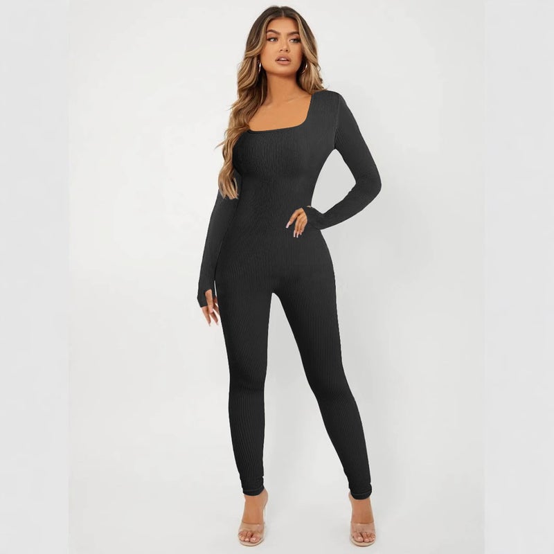 New Women'S Solid Color Long Sleeve Yoga Fitness Square Collar Hip Slim-Fit Jumpsuit - Image 3