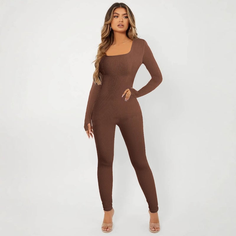 New Women'S Solid Color Long Sleeve Yoga Fitness Square Collar Hip Slim-Fit Jumpsuit - Image 5