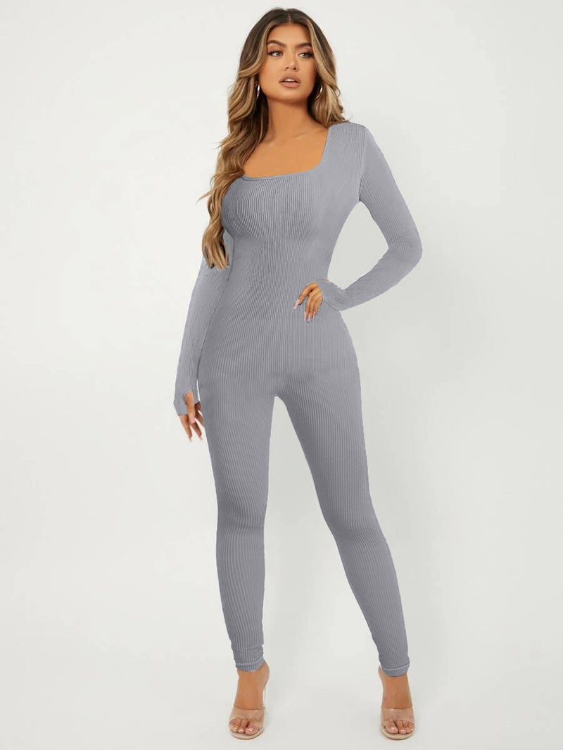 New Women'S Solid Color Long Sleeve Yoga Fitness Square Collar Hip Slim-Fit Jumpsuit - Image 1