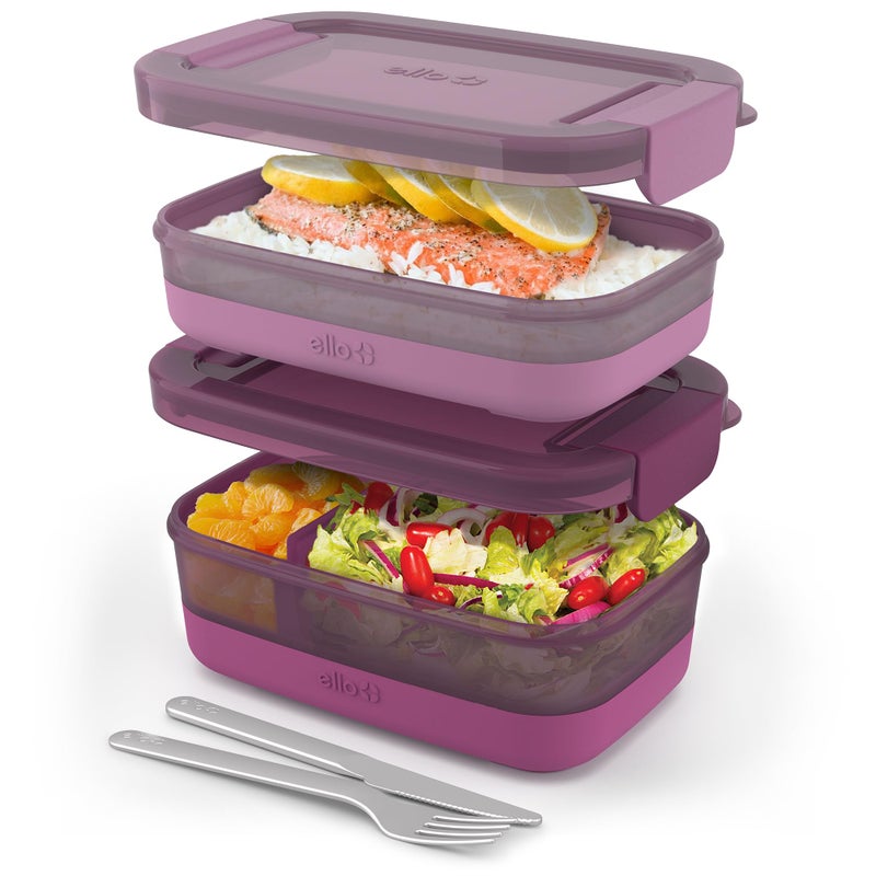 Ello 2Pack Lunch Stack Plastic Food Storage Container Bento Box with Airtight LeakProof Locking Plastic Lids and Silicone Base BPAFree Freezer Microwave and Dishwasher Safe Raspberry