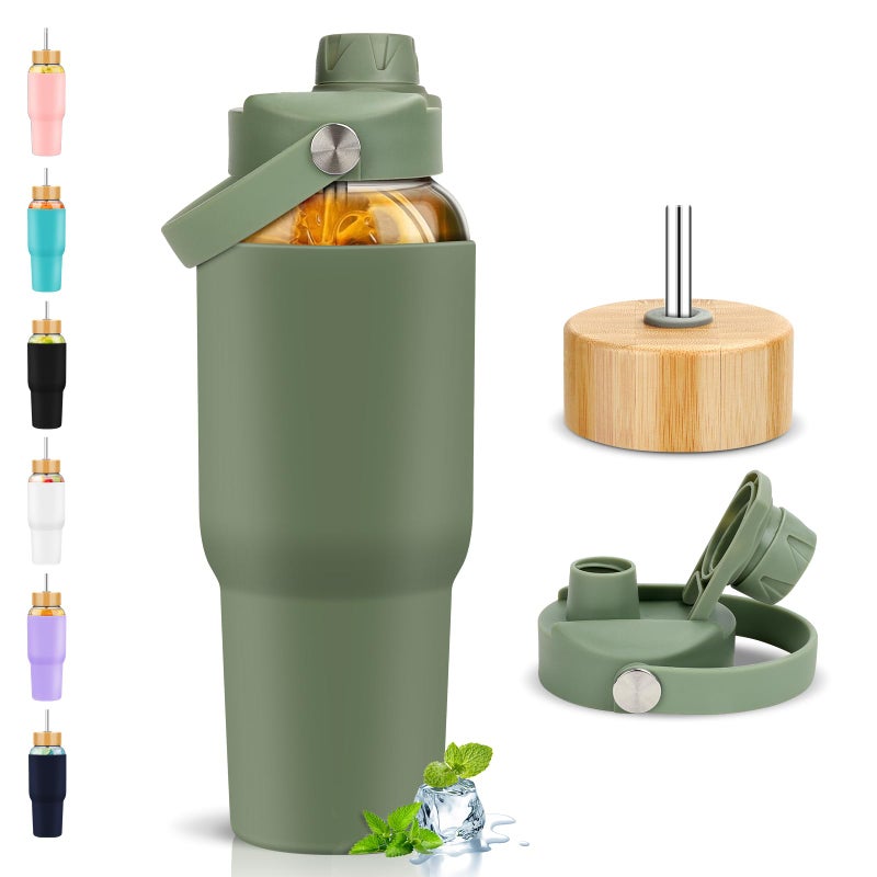 PROBTTL 40 oz Glass Tumbler with Handle - Sports Clear Borosilicate Glass Water Bottle with Straw, Silicone Sleeve, 2 Lids - Handle Spout & Bamboo Straw Lid, Fits Car Cup Holder, Leakproof (Olive) - Image 1