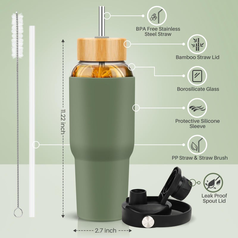 PROBTTL 40 oz Glass Tumbler with Handle - Sports Clear Borosilicate Glass Water Bottle with Straw, Silicone Sleeve, 2 Lids - Handle Spout & Bamboo Straw Lid, Fits Car Cup Holder, Leakproof (Olive) - Image 2