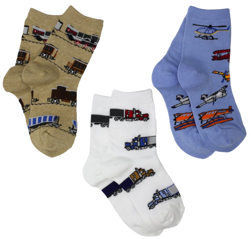 Jefferies Socks Little Boys' Transportation Triple Treat Socks 3 Pair Pack, Burlap, X-Small - Image 1