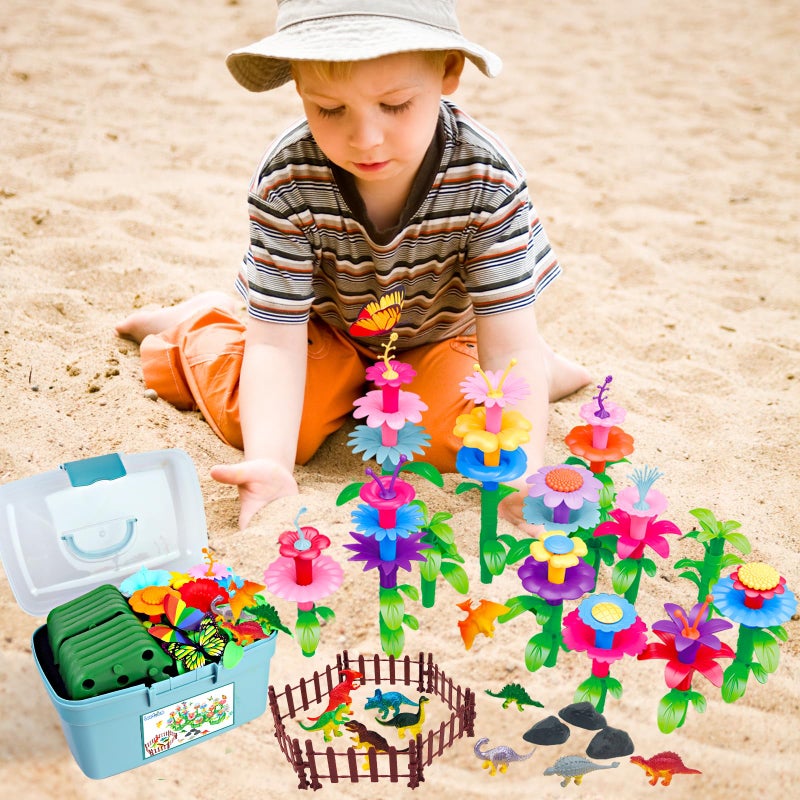 Leetous Toys Gifts for Toddlers Boys Girls Age 2 3 4 5 6, 167 PCS Dinosaur Flower Garden Building Blocks, STEM Fine Motor Skill Stacking Games, Easter First 1st Birthday Gifts for Preschool Kids 2+ Years Old - Image 4