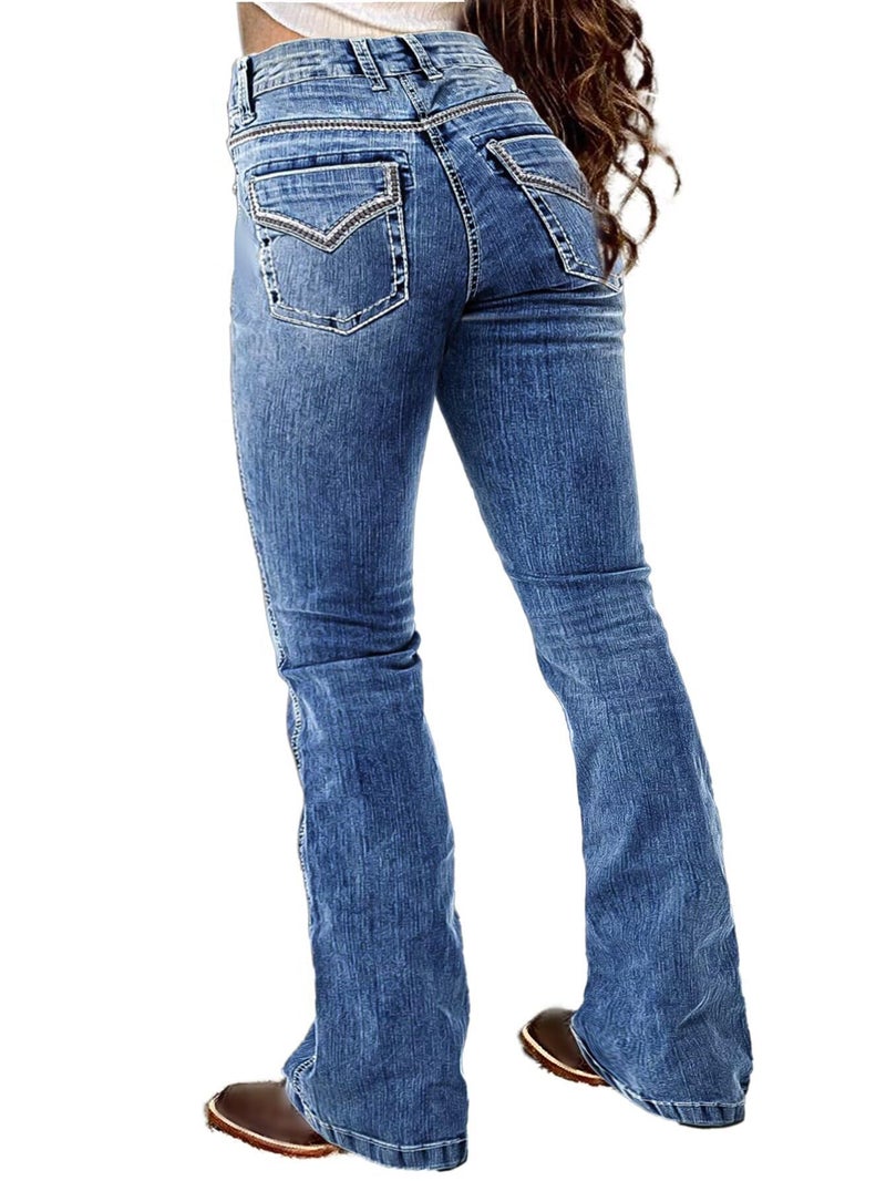 Flamingals Butt Lifting Bootcut Jeans Stretchy Casual Fall Winter Trendy Flare Leg Jeans for Women Celestial Blue XL - Image 1
