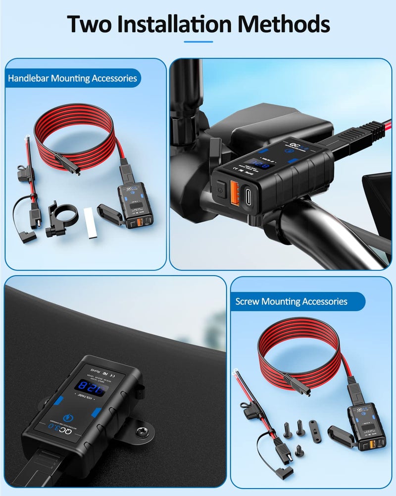 EXTRACTME شاحن دراجة نارية USB EXTRACTME، ترقية 6.4A شحن سريع 3.0 و Type C PD شاحن مزدوج للهاتف مع فولت ميتر، ملحقات دراجة نارية مقاومة للماء للهاتف، التابلت، GPS، إلخ - Image 5